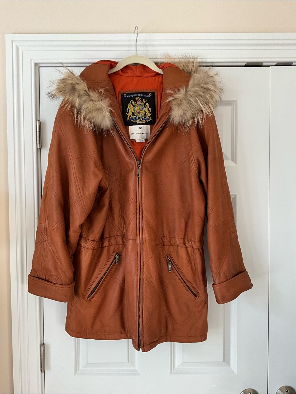 Cognac Leather Hooded Jacket by Saks